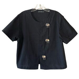 EASTERN SERENITY Women's Size XL Black Cotton Elephant Art Boxy Short Sleeve Top